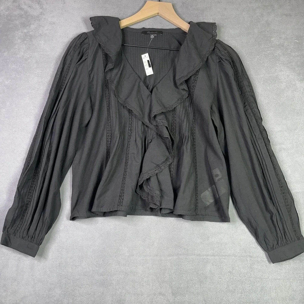 NWT Madewell Lace-Insert Ruffled Pintuck Long Sleeve Top XS Jet Black Boho